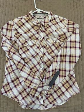 Rank-45 Women’s Cream & Burgundy Plaid Pearl snap Shirt